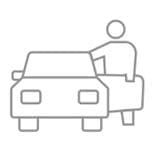 Simple line drawing of a person from the Asset Valuations Group opening the door of a car. The figure, depicted with minimal detail, faces the vehicle shown from the front.