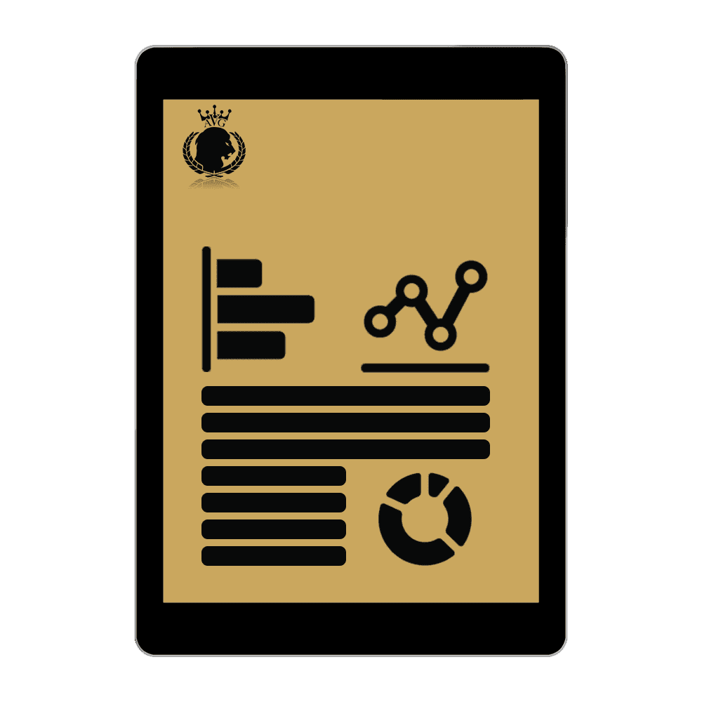 A digital tablet showcases an abstract data dashboard from the Asset Valuations Group, featuring icons like a bar chart, line graph, and pie chart in black on a gold background. The top left boasts a circular logo with a stylized crown and globe design.