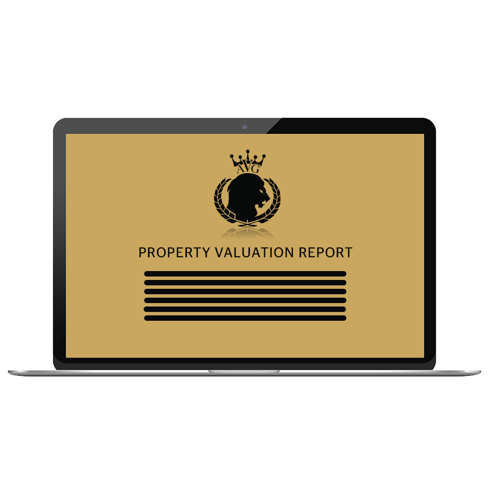 A laptop showcases a "Property Valuation Report" from the Asset Valuations Group. The report displays a black silhouette of a head wearing a crown, encircled by a laurel, all set against a luxurious gold background with sleek black lines beneath.