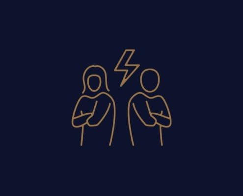 Illustration of two people with crossed arms facing away from each other, separated by a lightning bolt symbol, on a dark background. A lion logo with "Aamir Asset Valuations Group Australia" graces the lower right corner.