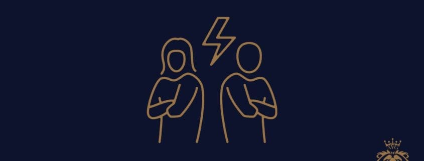 Illustration of two people with crossed arms facing away from each other, separated by a lightning bolt symbol, on a dark background. A lion logo with "Aamir Asset Valuations Group Australia" graces the lower right corner.