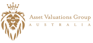 The logo of Asset Valuations Group Australia boasts a stylized golden lion's head adorned with the letters "AVG" in a crown above. To the right, the name "Asset Valuations Group AUSTRALIA" is elegantly inscribed in gold.