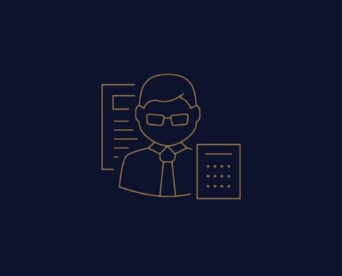 A minimalist graphic depicts a person in glasses and a tie, holding documents, outlined in gold against a dark background. The stylized gold lion logo of the Asset Valuations Group graces the bottom right corner, adding an air of prestige.