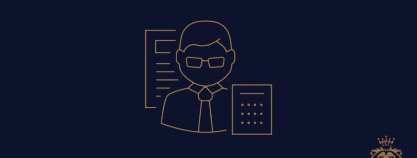 A minimalist graphic depicts a person in glasses and a tie, holding documents, outlined in gold against a dark background. The stylized gold lion logo of the Asset Valuations Group graces the bottom right corner, adding an air of prestige.