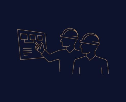 Minimalist line drawing of two people in hard hats, one pointing to a chart or plan. Against a dark background, the lion logo with "Ameir Abdullahoui Asset Valuations Group" text sits elegantly in the bottom right corner.