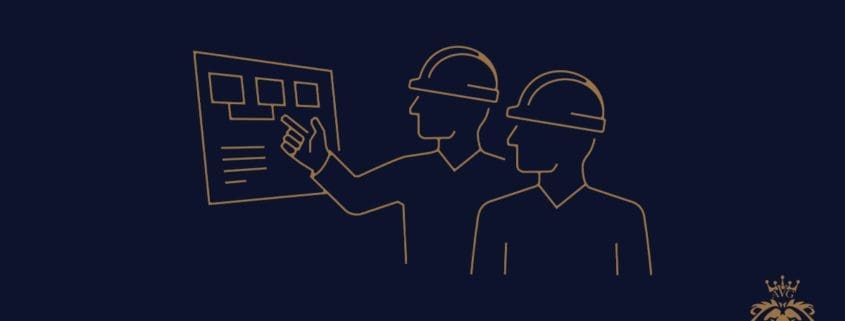Minimalist line drawing of two people in hard hats, one pointing to a chart or plan. Against a dark background, the lion logo with "Ameir Abdullahoui Asset Valuations Group" text sits elegantly in the bottom right corner.