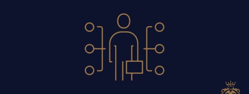 Icon of a person holding a briefcase with lines connecting to smaller circles, symbolizing networking and connectivity within the Asset Valuations Group, on a dark background. Logo of a lion with a crown in the bottom right corner.