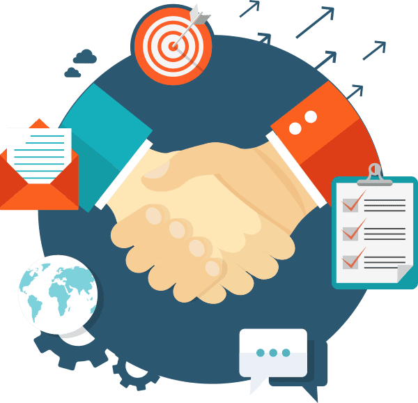 Illustration of a handshake surrounded by various icons: a target with an arrow, a clipboard with checkmarks, an envelope, a globe, and a chat bubble. Representing the Asset Valuations Group, arrows point upwards, symbolizing communication and partnership.