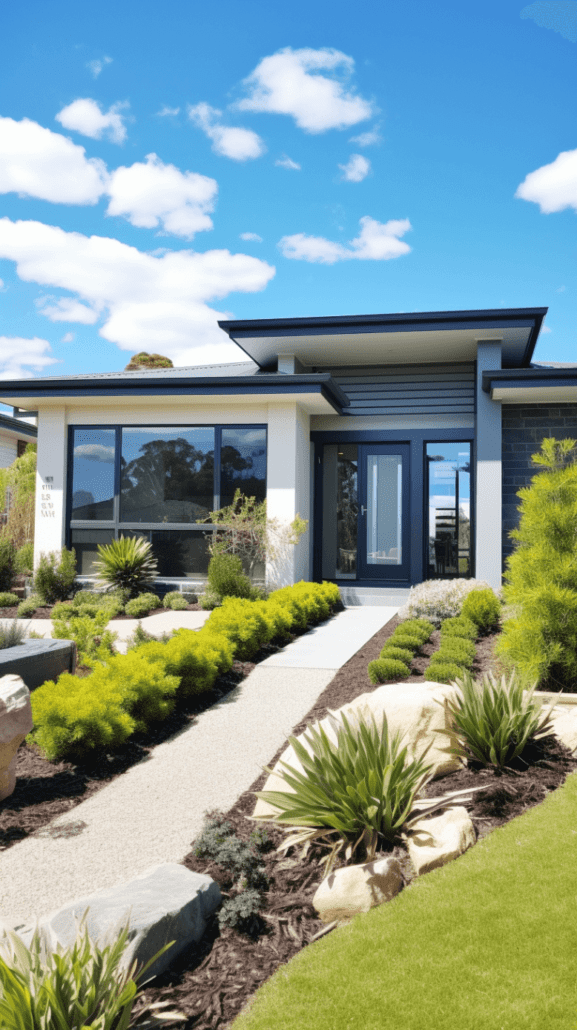 Modern single-story house with large windows and a dark blue and white exterior. The landscaped front yard features a stone path, green shrubs, and small trees, under a bright blue sky with scattered clouds. This gem is truly an Asset Valuations Group dream.