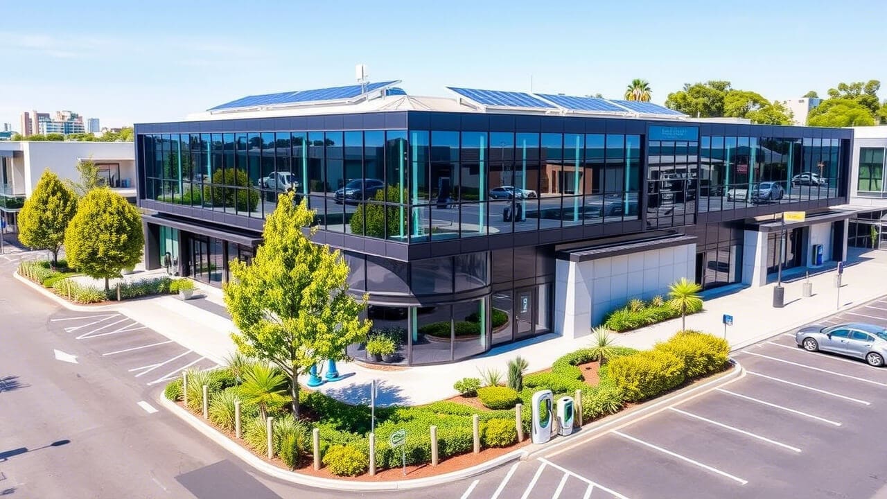 A modern, two-story office building, reflecting the innovative spirit of the Asset Valuations Group, boasts large glass windows and solar panels on the roof. The surrounding area features landscaped greenery and parking spaces with electric vehicle charging stations under a clear blue sky.