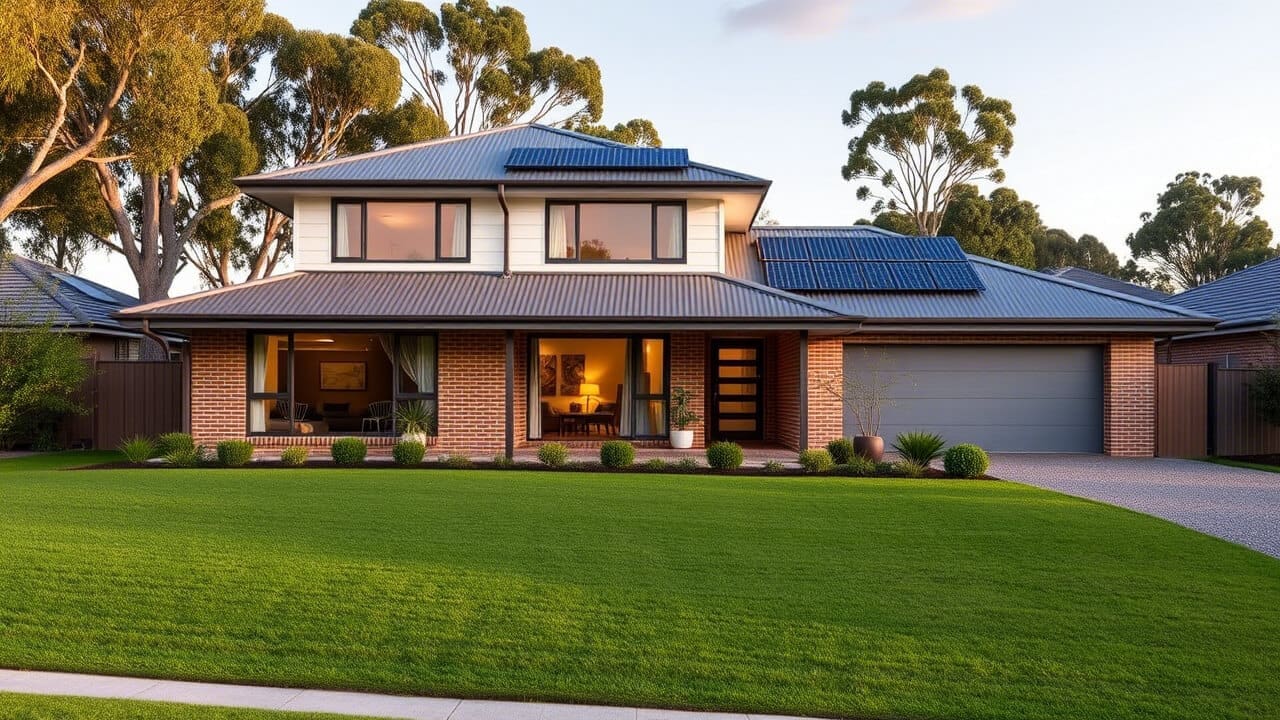A modern two-story house with a brick exterior, large windows, and a well-maintained lawn, this impressive property could be an excellent addition to the Asset Valuations Group's portfolio. Solar panels line the roof, while a two-car garage and inviting porch complete the picture-perfect scene.