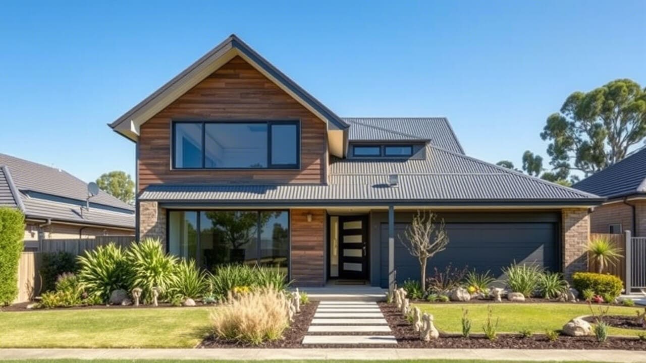 A modern two-story house with a mix of wood and brick exterior, this property evaluated by the Asset Valuations Group features a large glass window, a dark gray sloped roof, and an attached garage. The front yard's neatly arranged plants complement the pathway leading to the entrance.