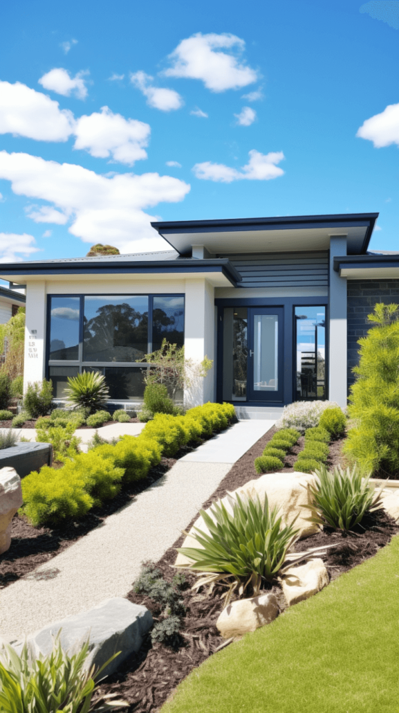 Property-Valuers-Thuringowa A modern single-story house with dark blue and white exterior, large windows, and a landscaped front yard featuring green shrubs and rocks—ideal for those seeking homes in areas highly rated in Property Valuations Thuringowa.