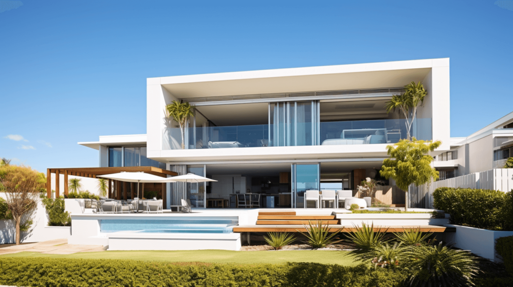 A modern two-story house with large glass windows, a spacious balcony, and a patio area overlooks a pool and landscaped garden—an ideal choice for those seeking premium homes or Property Valuations Townsville.