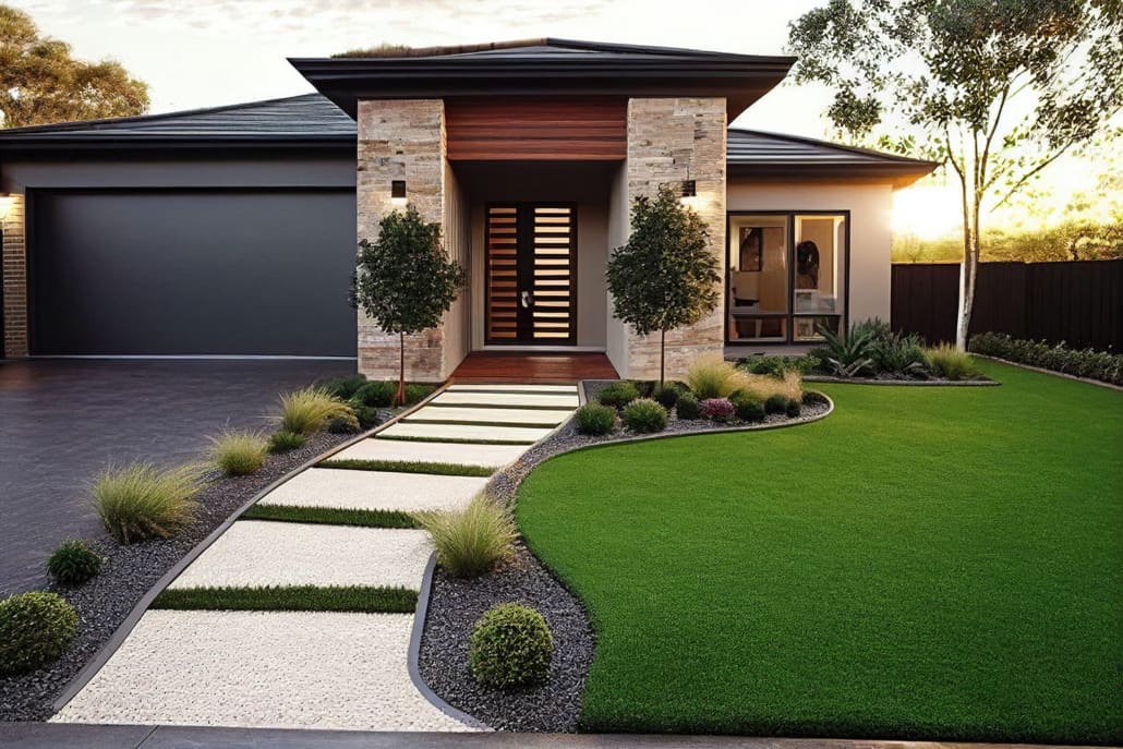 Property Valuations Brisbane Online - Modern house with a stone-accented entrance, wooden front door, manicured lawn, and curving stone pathway. Large windows and clean landscaping enhance the home's contemporary look.