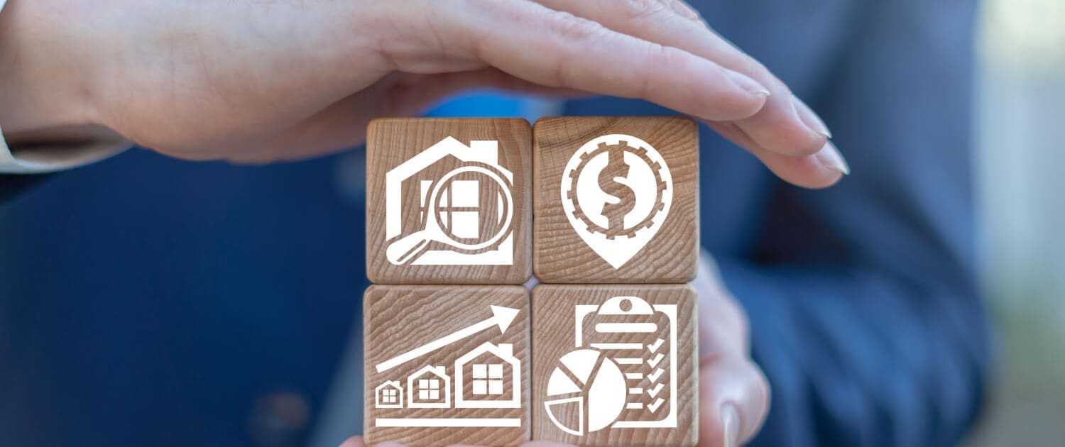 Residential Property Valuations, A person in a suit holds wooden blocks with property and finance icons, including a house, dollar symbol, and charts. The text "PROPERTY VALUATION" highlights the focus on Residential Property Valuations at the bottom.