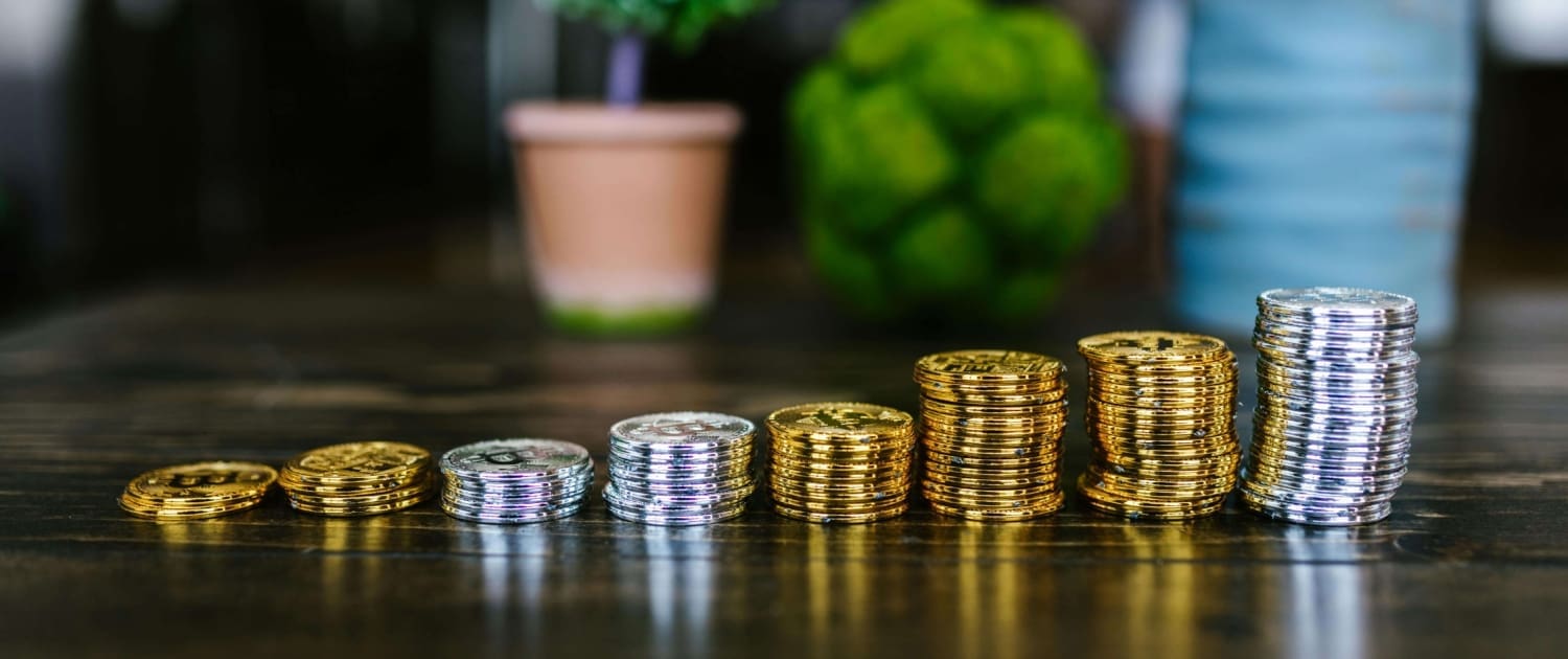 Capital-Gains-Tax-Valuations Stacks of gold and silver coins arranged in ascending order on a wooden table, symbolizing growth, with potted plants and a blurred background—ideal for illustrating Capital Gains Tax Valuations.