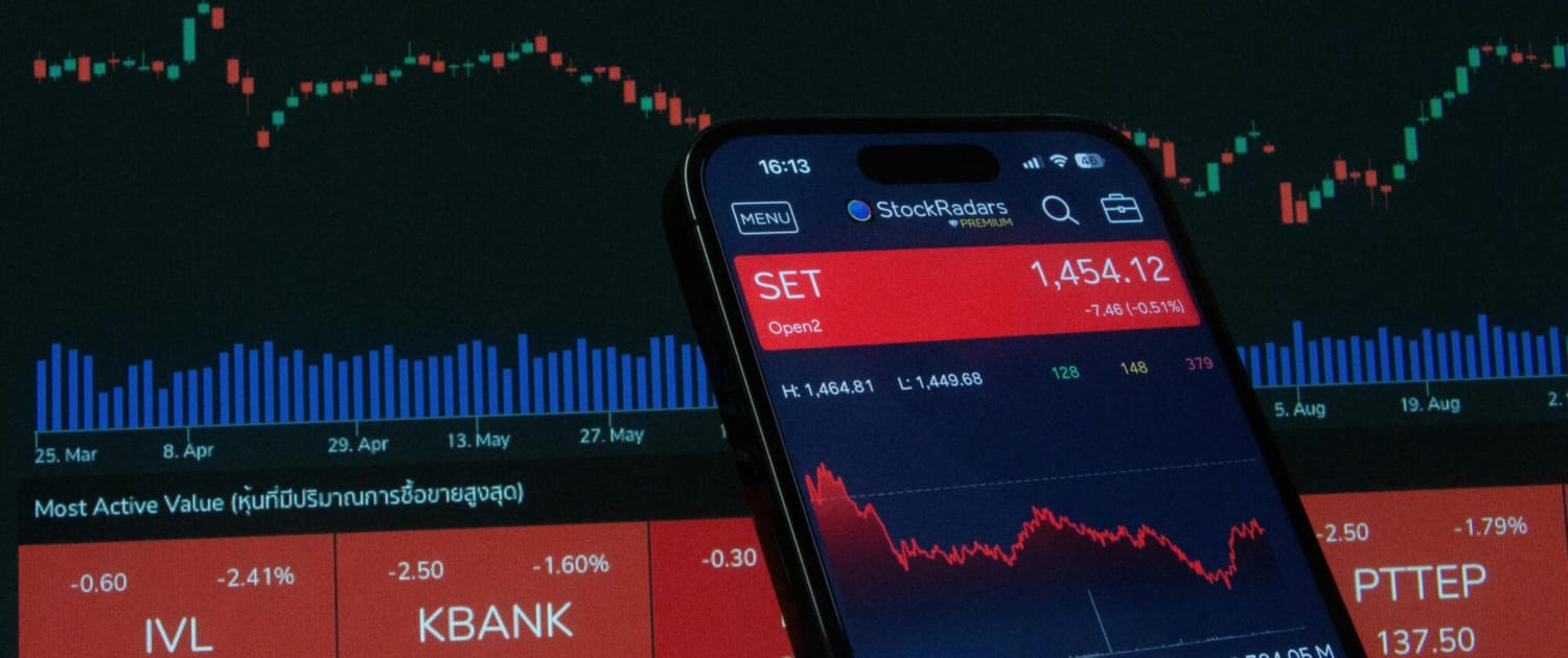 A smartphone displays a stock market app with a falling SET index graph. In the background, a computer screen shows red and green candlestick charts and stock data, reflecting declining prices and Shares & Equity CGT Valuations in a volatile market.